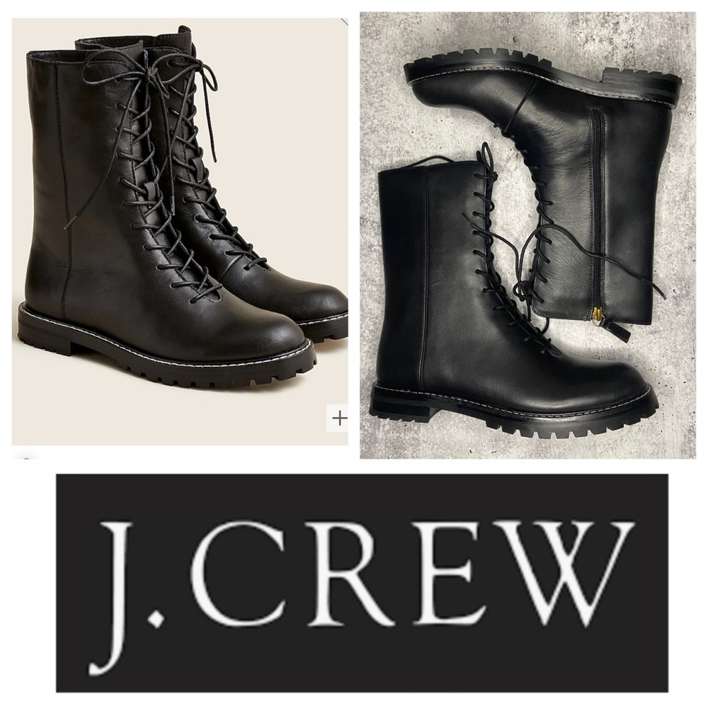 NWOT Sold Out J. Crew Gwen Lug Sole Black Leather Lace Up Zipper Moto Boots